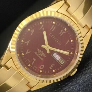 Vintage 1983 Citizen Automatic Mens Gold Watch W/daydate & Red accents